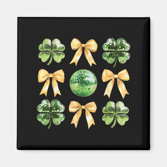 Coquette Bow Shamrock Disco Ball Patricks Day Iris Magnet (Front)