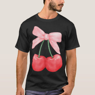 Coquette Bow Simple Pink Cute Girl Cherries  T-Shirt