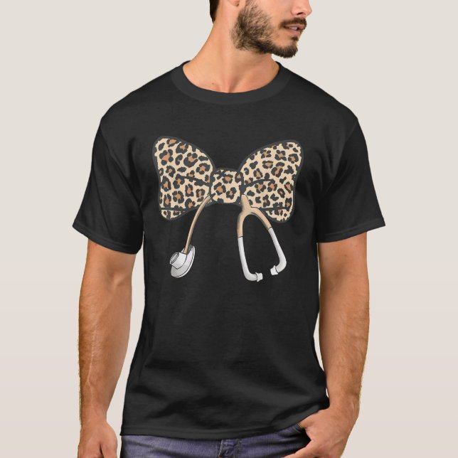 Coquette Bow Stethoscope Leopard Nurse Registered  T-Shirt (Front)