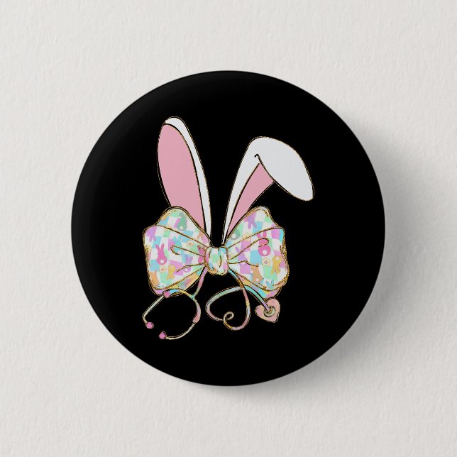 Coquette Bow Stethoscope Nurse Happy Easter Bunny  2 Inch Round Button (Front)