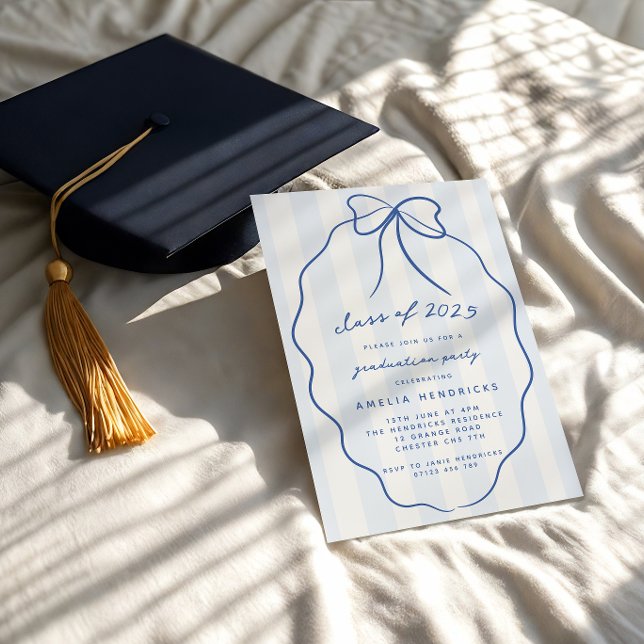 Coquette Bow & Stripes Blue Graduation Party Photo Invitation (Creator Uploaded)