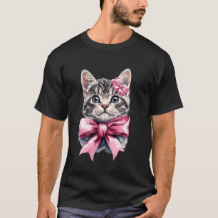 Coquette Bow Tabby Cat Mom Grey Cat Fur Pink Ribbo T-Shirt
