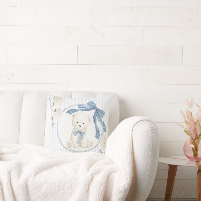 Coquette Bow Teddy Bear Baby Boy Nursery Throw Pillow (Couch)