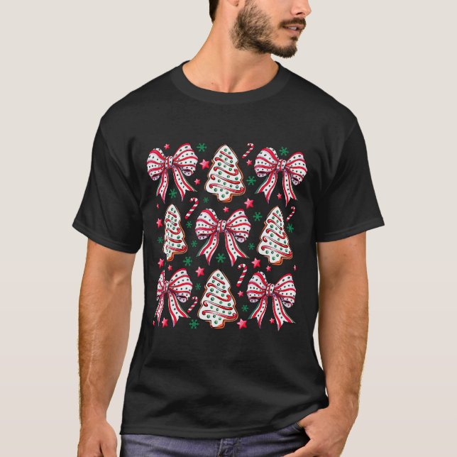 Coquette Bow Tree Cake Candy Cane Merry Christmas  T-Shirt (Front)