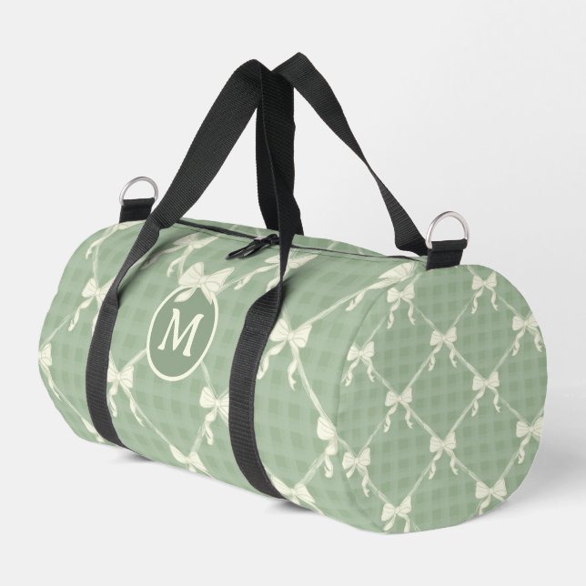 Coquette Bows Gingham Monogram Cream Sage Green  Duffle Bag (Left Corner)