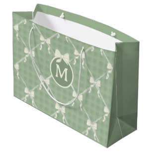 Coquette Bows Gingham Monogram Cream Sage Green Large Gift Bag