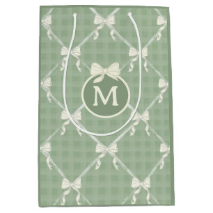 Coquette Bows Gingham Monogram Cream Sage Green Medium Gift Bag