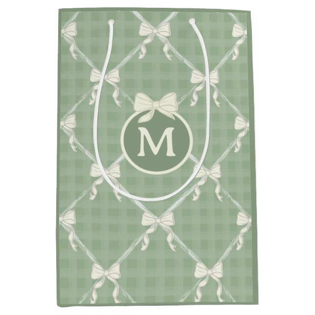 Coquette Bows Gingham Monogram Cream Sage Green  Medium Gift Bag (Front)