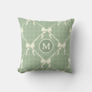 Coquette Bows Gingham Monogram Cream Sage Green  Throw Pillow