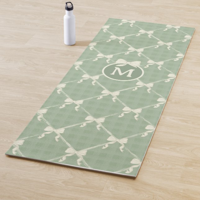 Coquette Bows Gingham Monogram Cream Sage Green  Yoga Mat (In Situ)