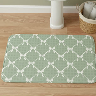 Coquette Bows Gingham Pattern Cream Sage Green  Bath Mat