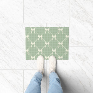 Coquette Bows Gingham Pattern Cream Sage Green Doormat