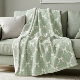 Coquette Bows Gingham Pattern Cream Sage Green  Fleece Blanket