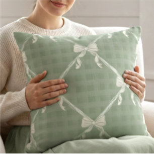 Coquette Bows Gingham Pattern Cream Sage Green  Throw Pillow