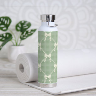 Coquette Bows Gingham Pattern Cream Sage Green  Water Bottle