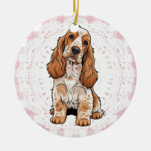 Coquette Brittany Spaniel Dog Pink Gingham Bows Ceramic Ornament