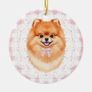 Coquette Brown Pomeranian Dog Pink Gingham Bows Ceramic Ornament