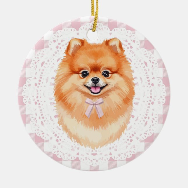 Coquette Brown Pomeranian Dog Pink Gingham Bows Ceramic Ornament (Front)