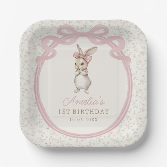 Coquette Bunny Birthday Party Paper Plates (Front)