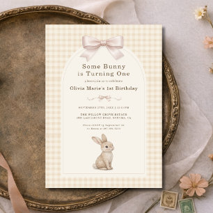 Coquette Bunny Gingham 1st Birthday Invitation