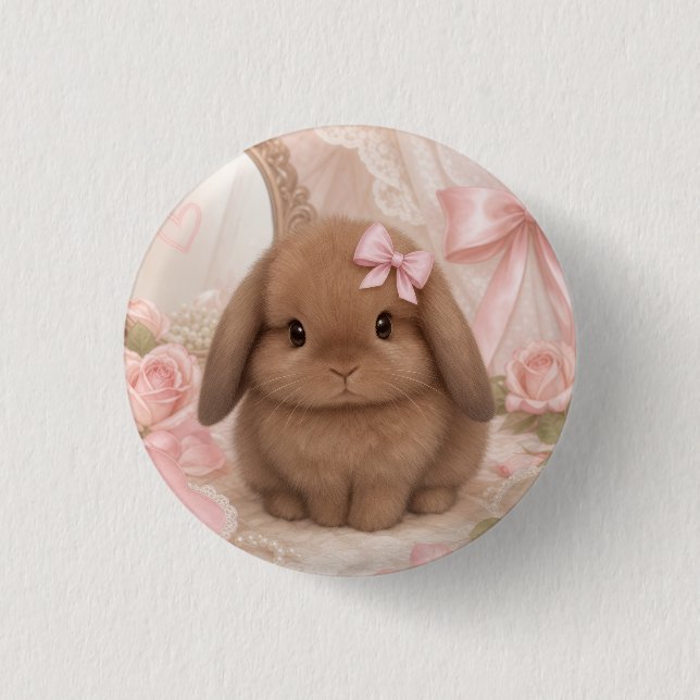 coquette bunny pink bow  1 inch round button (Front)
