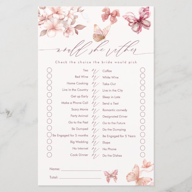 Coquette Butterfly Would She Rather Bridal Shower  (Front)