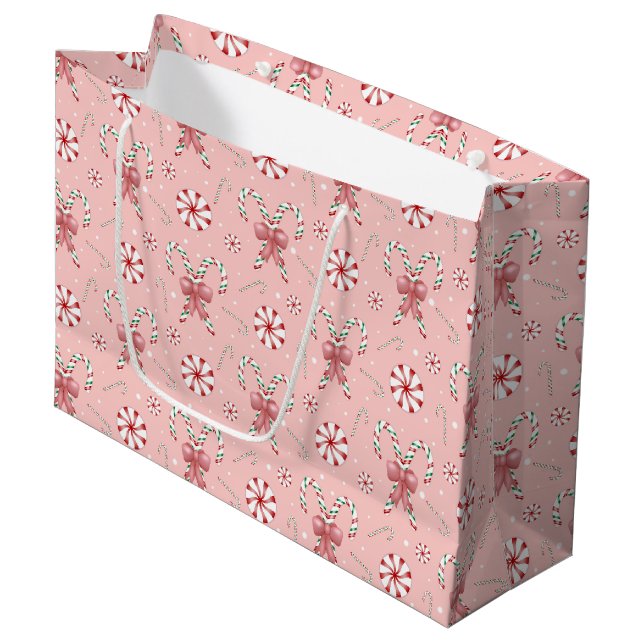 Coquette Candy Cane Pattern Holiday Large Gift Bag (Front Angled)
