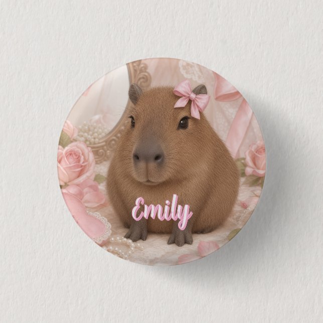 coquette capybara pink bow 1 inch round button (Front)
