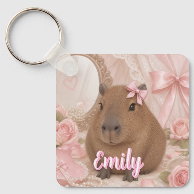 coquette capybara pink bow keychain (Front)