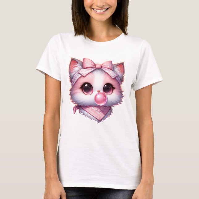 Coquette Cat Pink Bow Ribbon Bandanna Bubble Gum T-Shirt (Front)