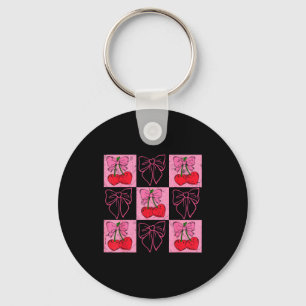 Coquette Checkred Pink Bow And Red Cherries Valent Keychain