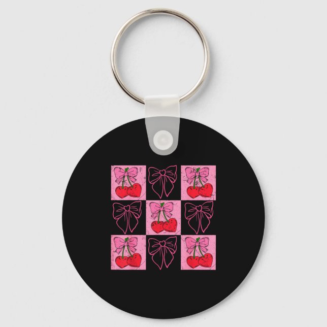 Coquette Checkred Pink Bow And Red Cherries Valent Keychain (Front)