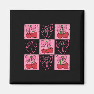 Coquette Checkred Pink Bow And Red Cherries Valent Magnet