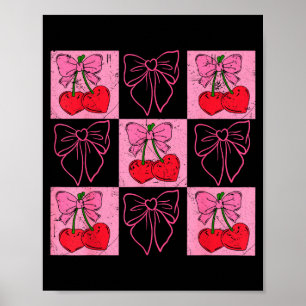 Coquette Checkred Pink Bow And Red Cherries Valent Poster