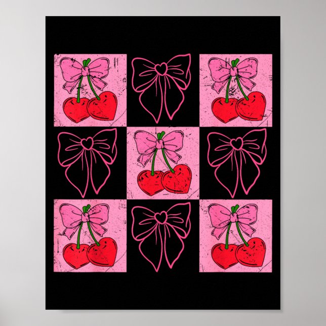Coquette Checkred Pink Bow And Red Cherries Valent Poster (Front)