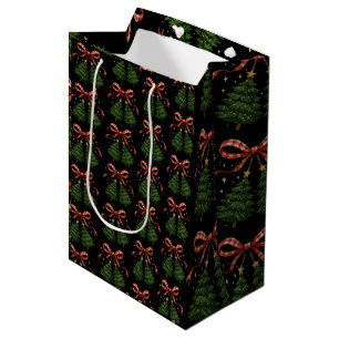 Coquette Cherries Christmas Tree Plaid Bow Winter Medium Gift Bag