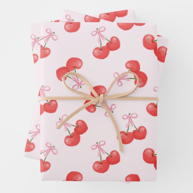 Coquette Cherries Pattern Wrapping Paper Sheet (In situ)