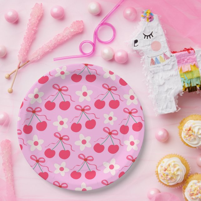 Coquette Cherries with Red Bows and White Flowers  Paper Plate (Party)