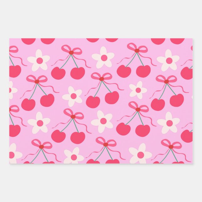 Coquette Cherries with Red Bows and White Flowers  Wrapping Paper Sheet (Front)