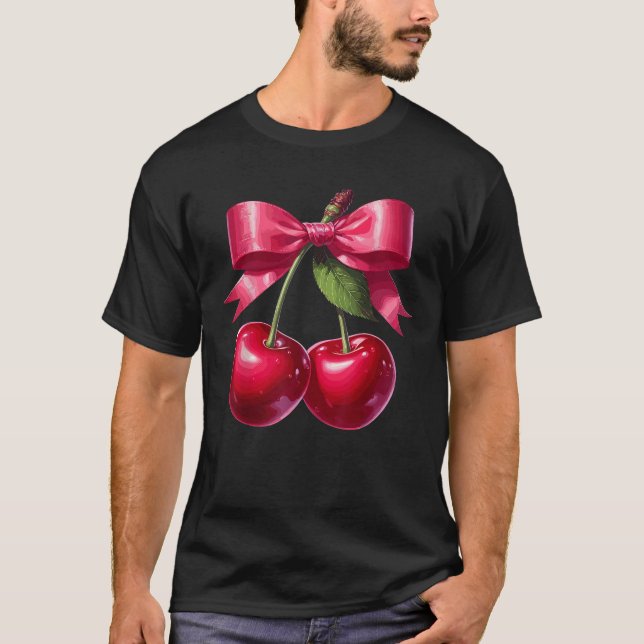 Coquette Cherry and Bow Aesthetic Unisex Black Sma T-Shirt (Front)