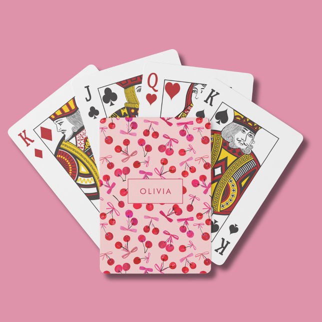 Coquette Cherry & Bow Playing Cards (Coquette cherry and bow girly pattern playing cards. Personalize with your own name or initials.)