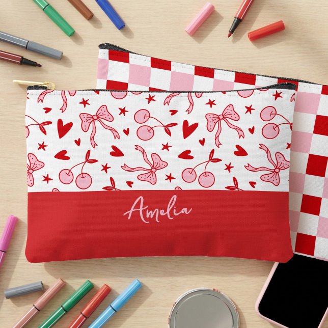 Coquette Cherry & Bows Pink and Red Chequerboard Accessory Pouch (Personalized Girls Pouch with coquette cherries & bow and pink & red checkerboard pattern.)