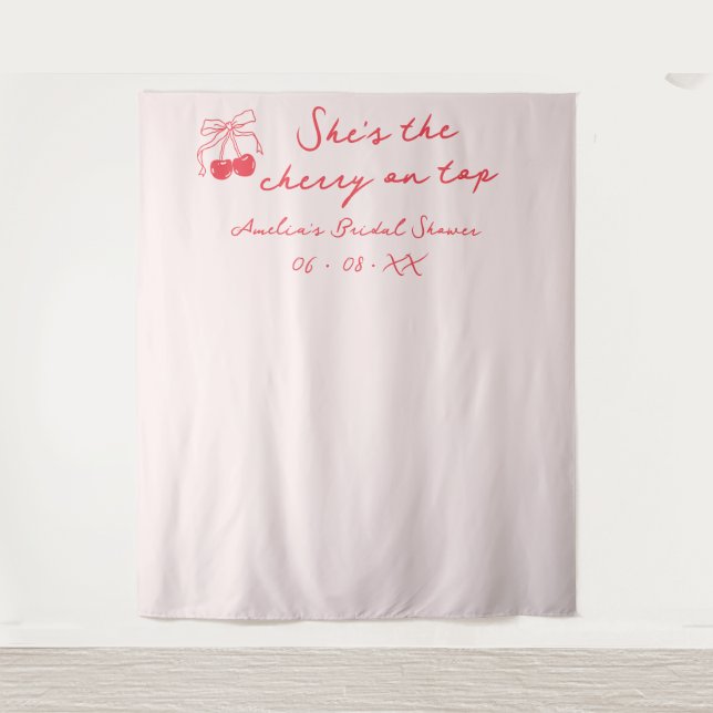 Coquette Cherry Bridal Shower Photo Backdrop Tapestry (Front)