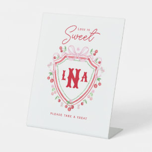 Coquette Cherry Crest Monogram   Love is Sweet Pedestal Sign