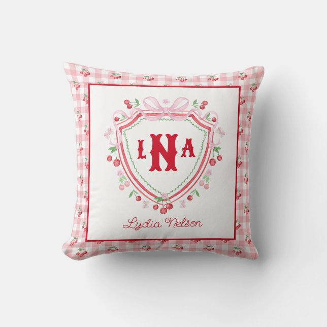 Coquette Cherry Monogam  Throw Pillow (Front)