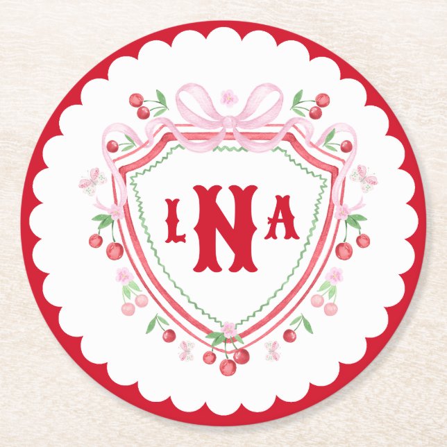 Coquette Cherry Monogram Crest Bridal Shower Round Paper Coaster (Front)
