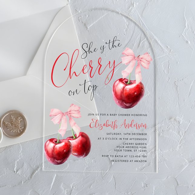 Coquette Cherry on Top Baby Shower Acrylic Invitations (Creator Uploaded)