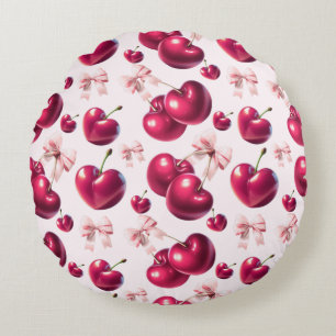 Coquette Cherry Pattern Pink Bow Aesthetic Round Pillow