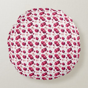 Coquette Cherry Pattern Pink Bow Aesthetic Round Pillow