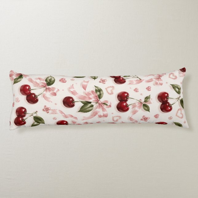 Coquette Cherry & Pink Satin Bow Seamless Pattern Body Pillow (Back)